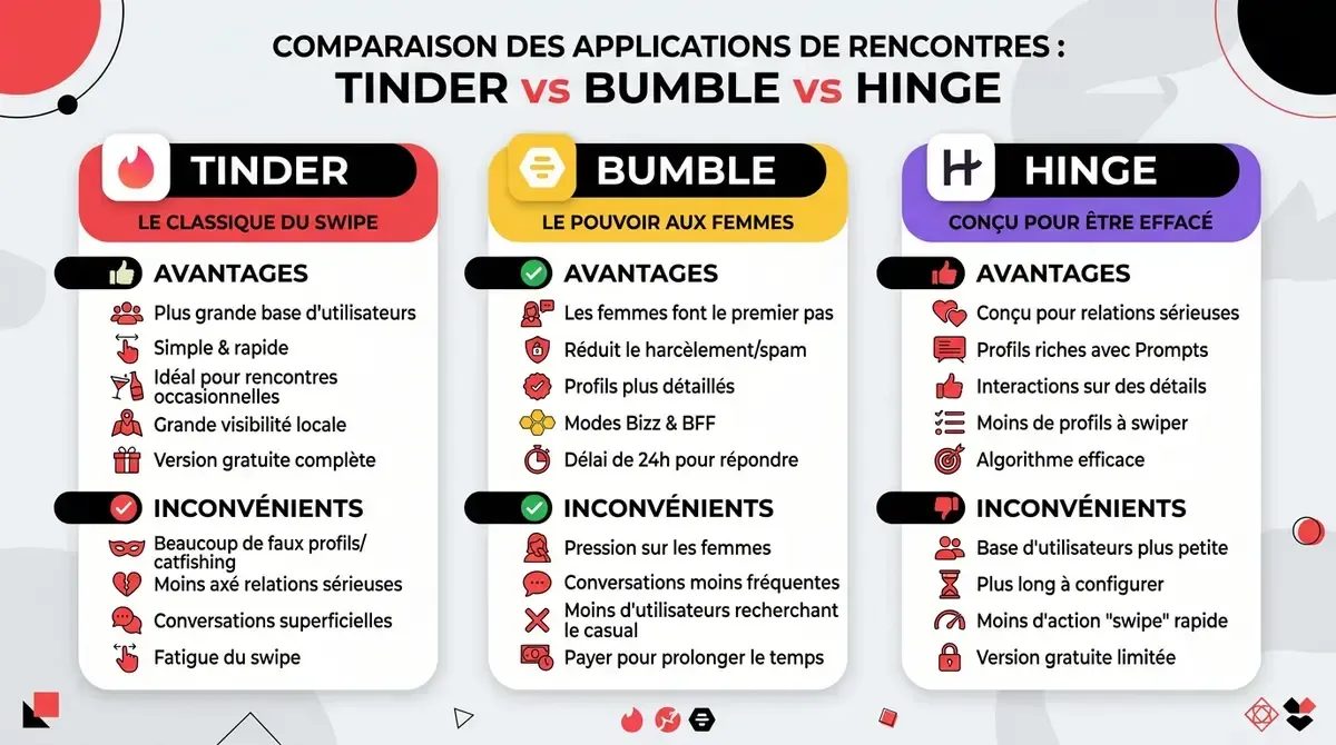 Comparaison Tinder Bumble Hinge