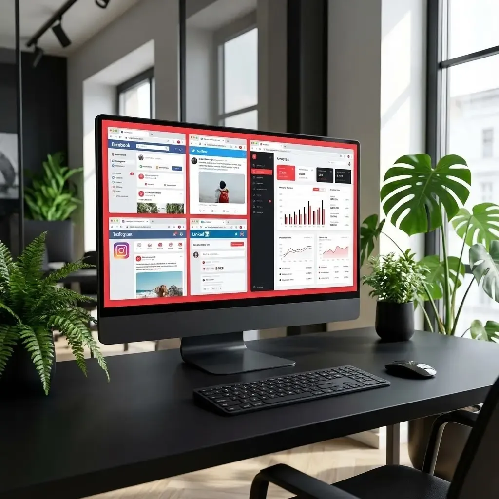 [image : Écran d’ordinateur affichant plusieurs réseaux sociaux ouverts simultanément, tableau de bord analytics visible, ambiance bureau moderne avec plantes vertes]