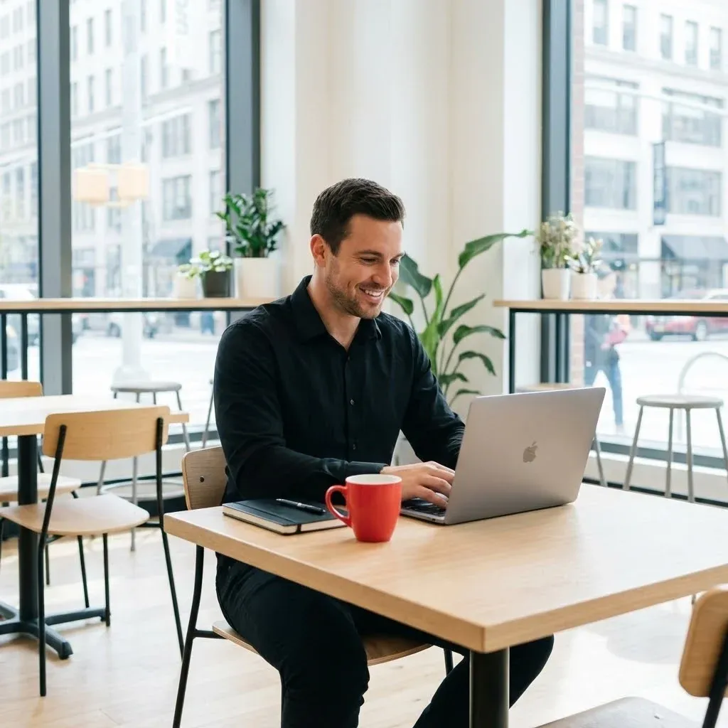 [image : Homme confiant travaillant sur son ordinateur portable dans un environnement moderne et lumineux, ambiance professionnelle et décontractée, style photographie lifestyle épuré]