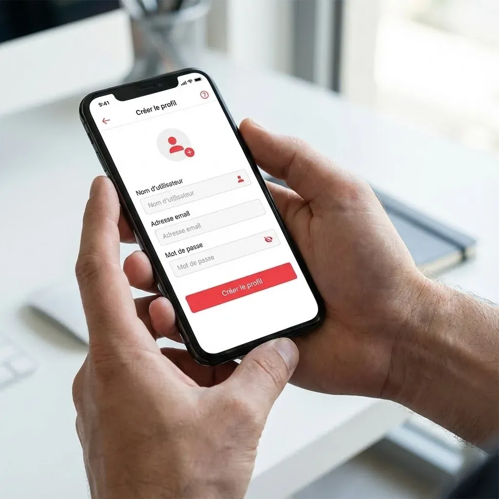 [image : Interface de création de profil sur smartphone, écran lumineux montrant des champs de formulaire, mains masculines tenant le téléphone, fond neutre et moderne]